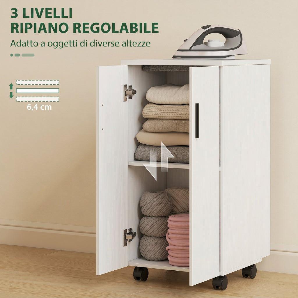 Folding Ironing Board with Wheels, Adjustable Shelf, Soft Close, Wood and Fabric, 128x43x83 cm, White