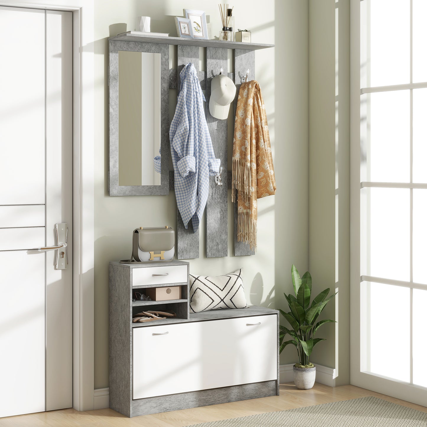 TWENTY | Entryway Furniture Set 3 in 1 with 6 Hooks Coat Rack, Shoe Cabinet with Drawer and Mirror, Grey