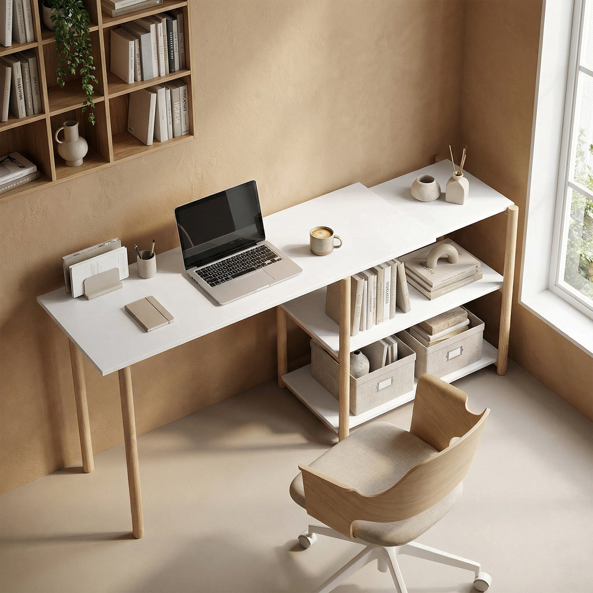 HOMCOM Folding Computer Desk, Space-Saving Writing Desk with Shelves and Bamboo Frame