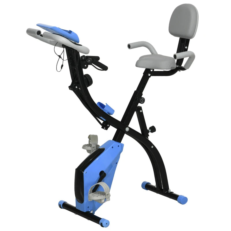 Folding Exercise Bike with 8 Resistance Levels and Adjustable Seat, Blue and Gray