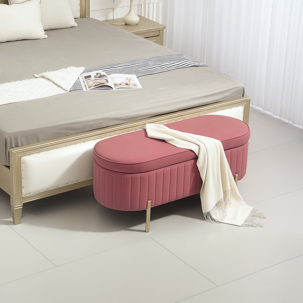 HOMCOM 72L Oval Storage Bench with Lift-Top Lid, Velvet Fabric and Wood, 108x44x43.5 cm, Pink