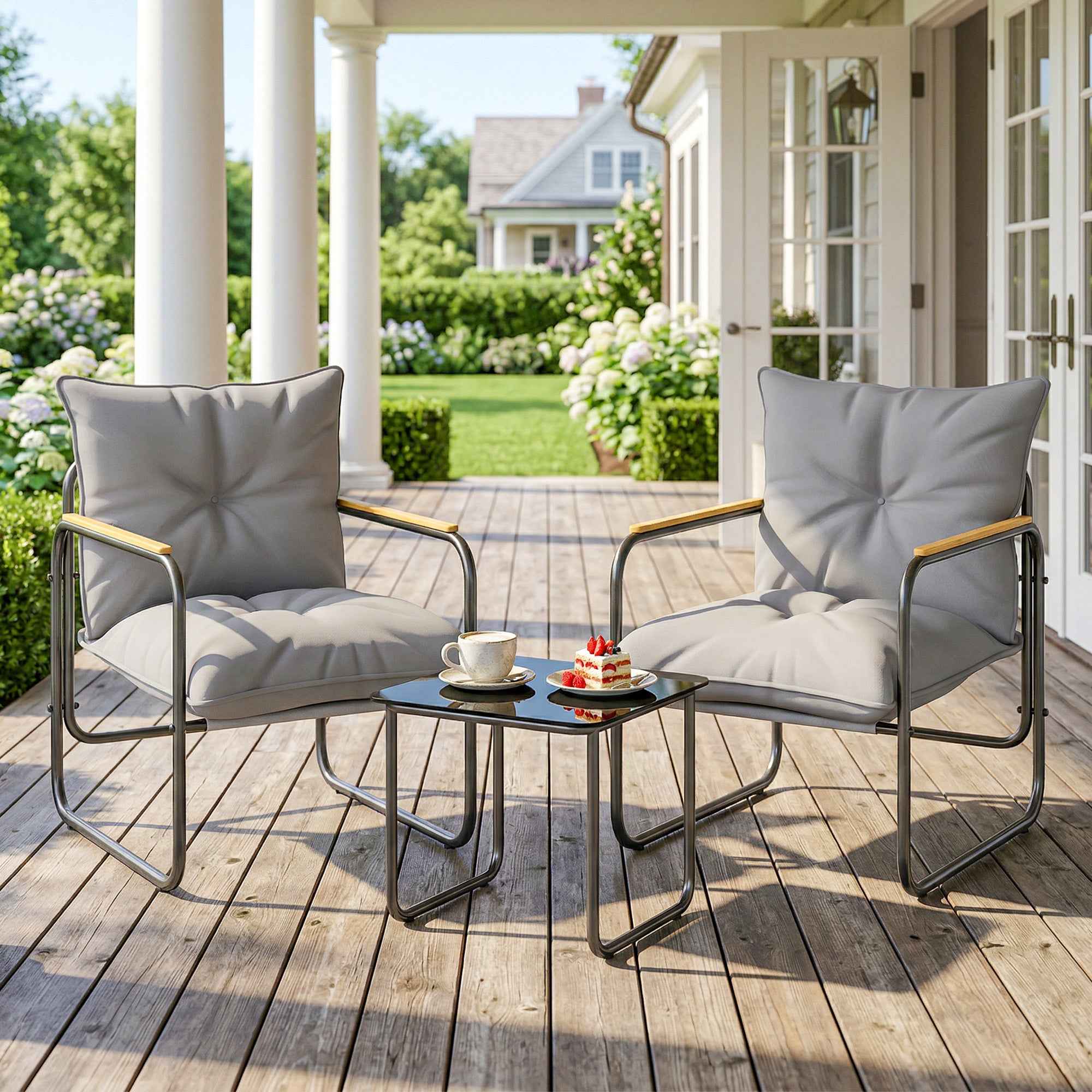 Outsunny 3-Piece Bistro Set, Outdoor Metal Furniture with Cushions, Dark Grey