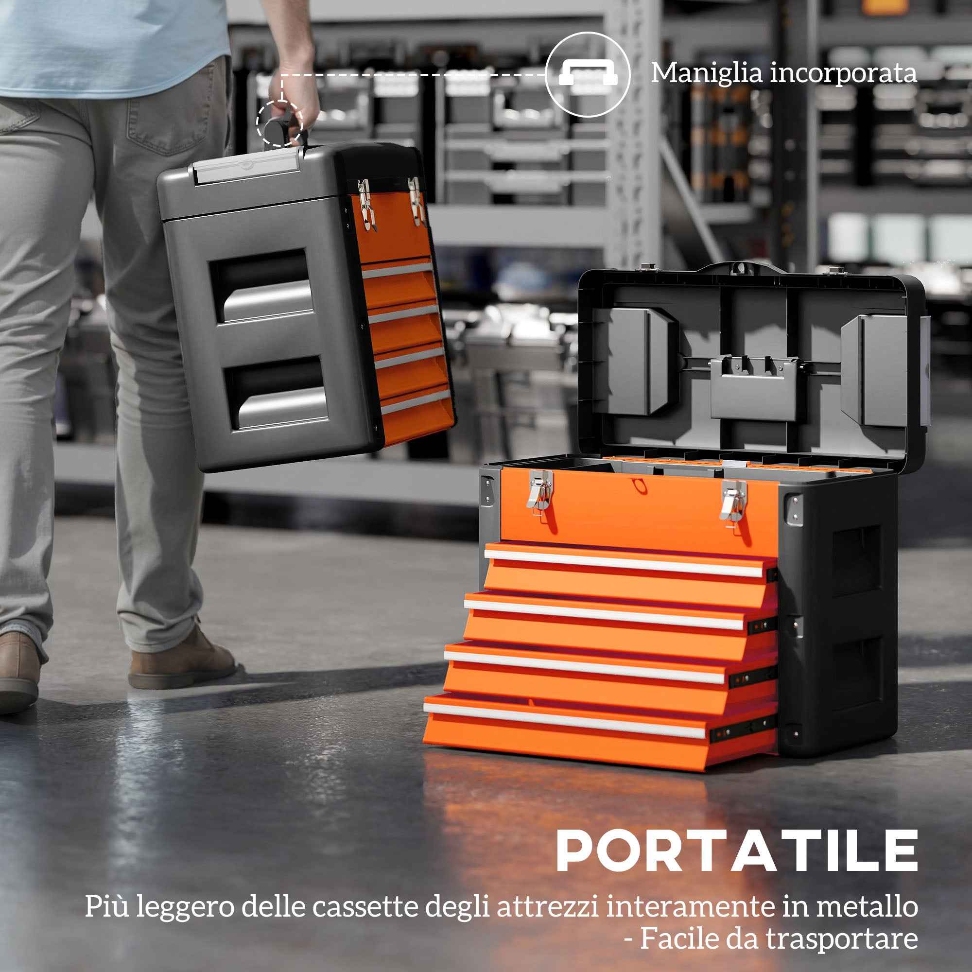 HOMCOM 4-Drawer Tool Box with Top Compartment in Steel and Plastic, Orange and Black