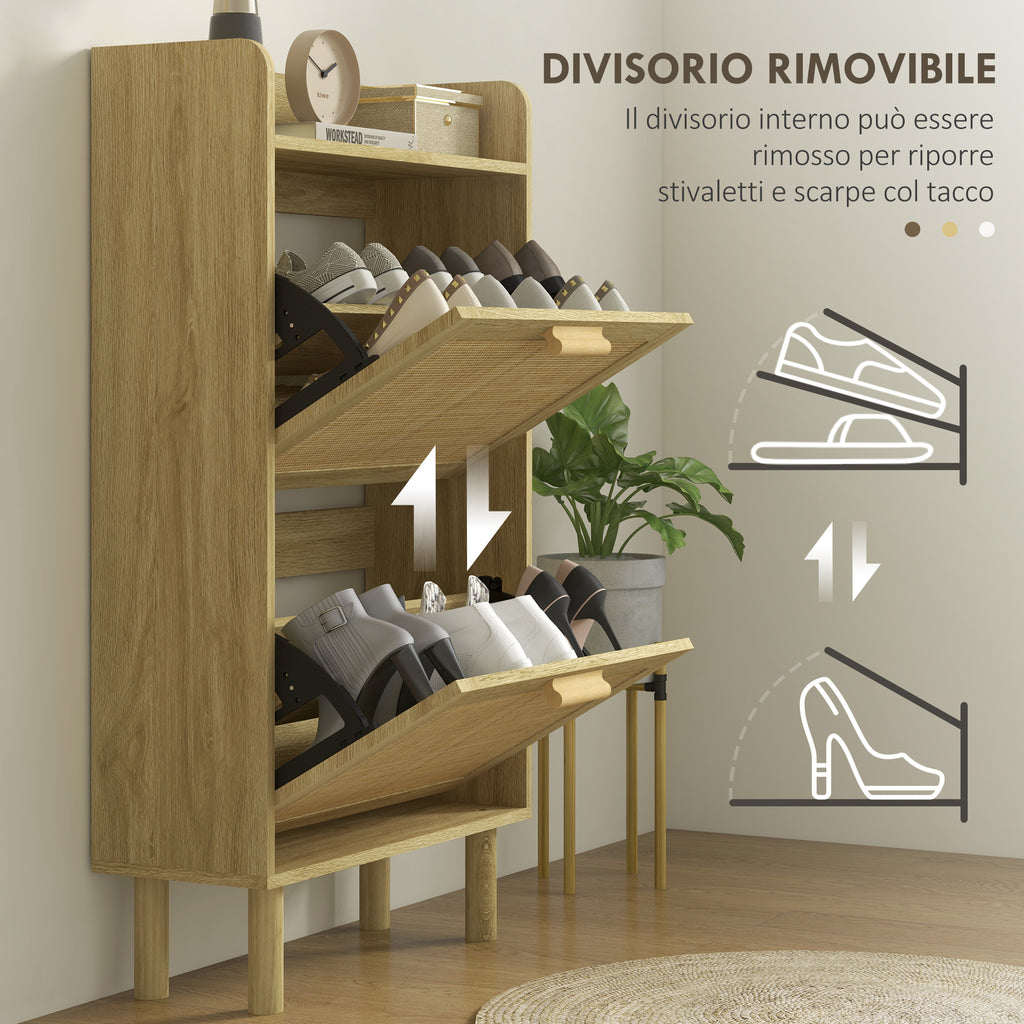 HOMCOM Narrow Entryway Shoe Rack with 2 Folding Drawers, Adjustable Shelves and Top, Oak