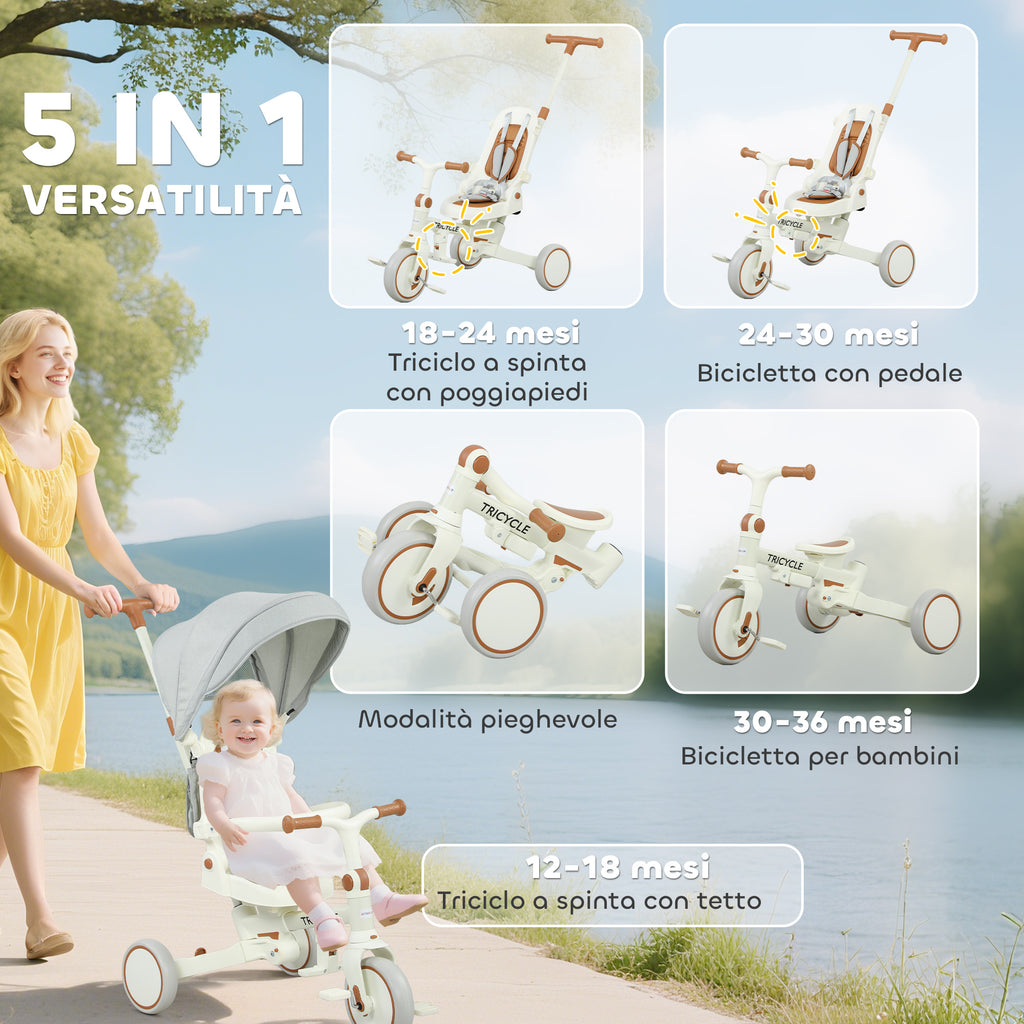 5-in-1 Children's Tricycle with Push Handle and Removable Cover, 96.5x49x101 cm, Cream White
