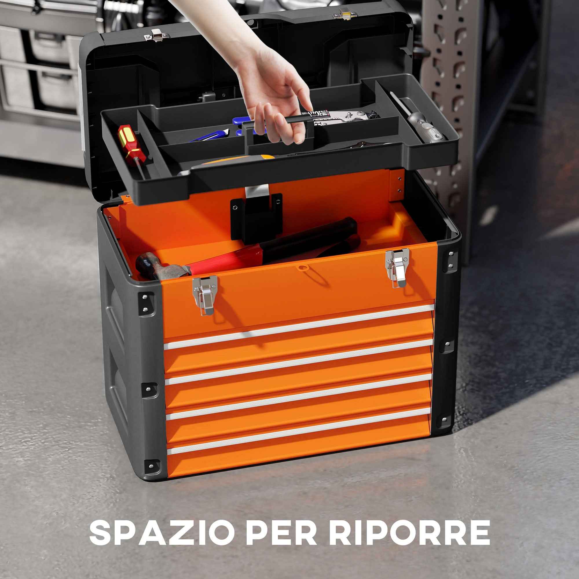 HOMCOM 4-Drawer Tool Box with Top Compartment in Steel and Plastic, Orange and Black