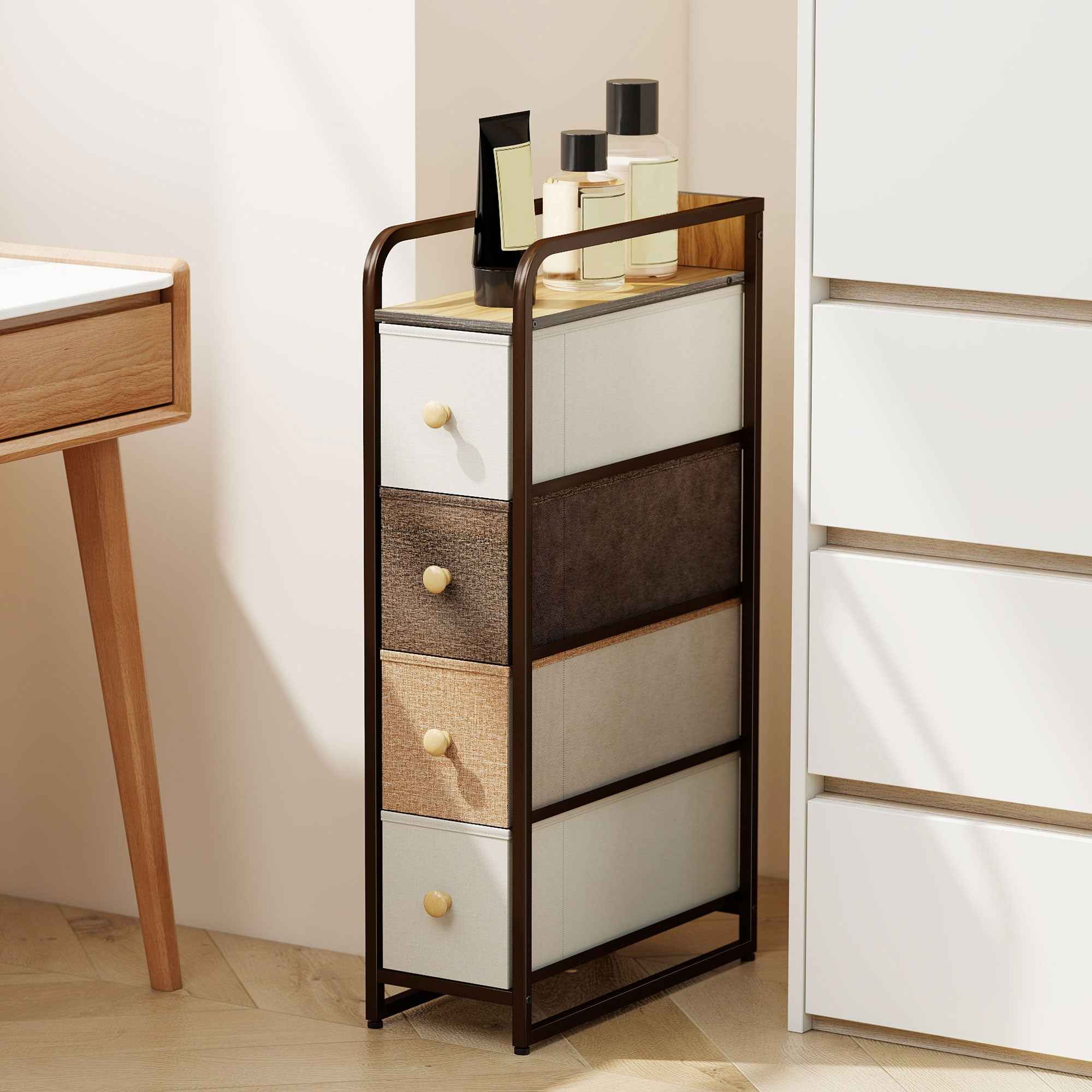 HOMCOM Space-Saving Chest of Drawers with 4 Folding Drawers in Fabric, Steel and Wood, 20x47x84.5 cm, Multicolor