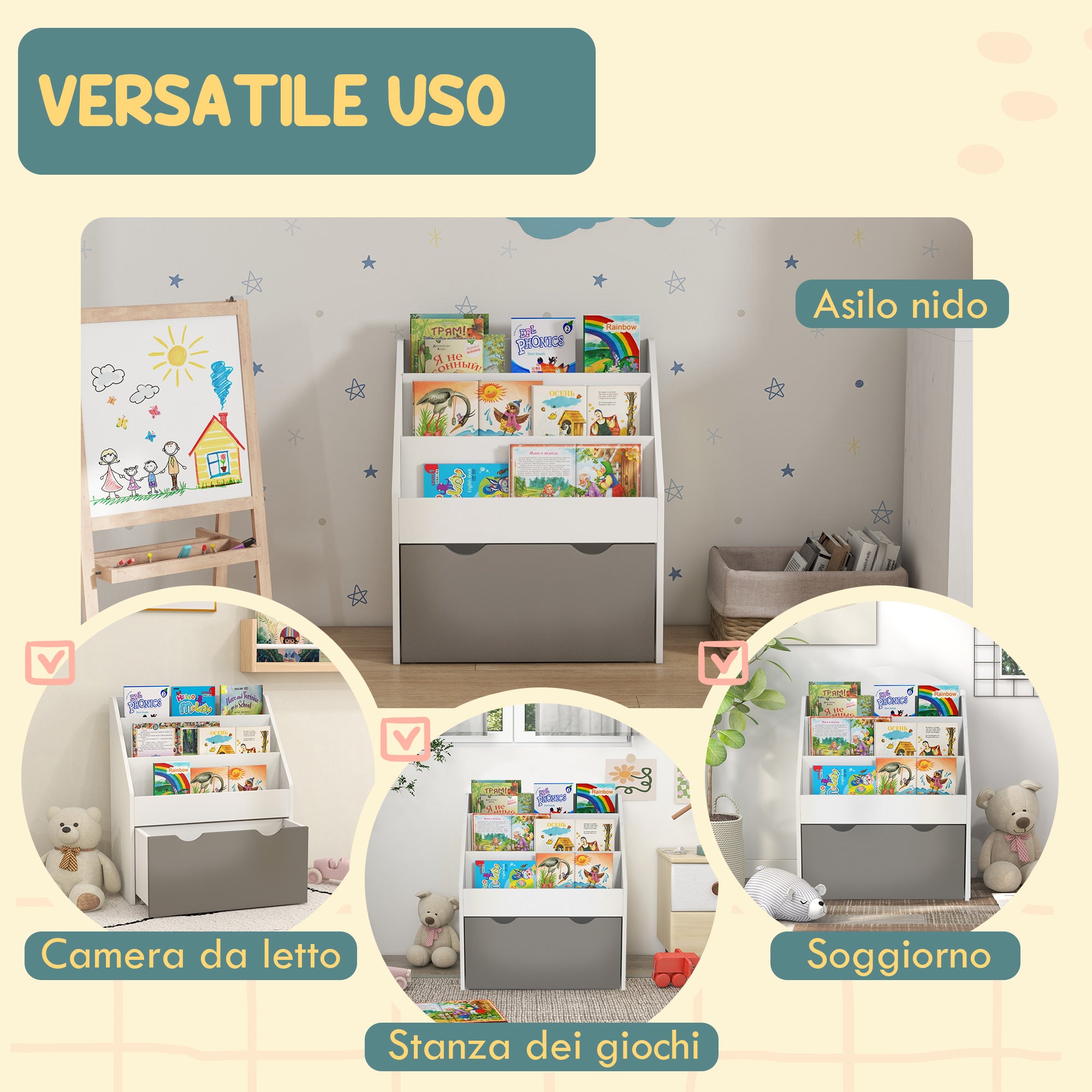 Children's Bookcase for 3-8 Years Old, 3 Shelves with Lower Drawer, MDF, 62.5x30x70 cm, Grey