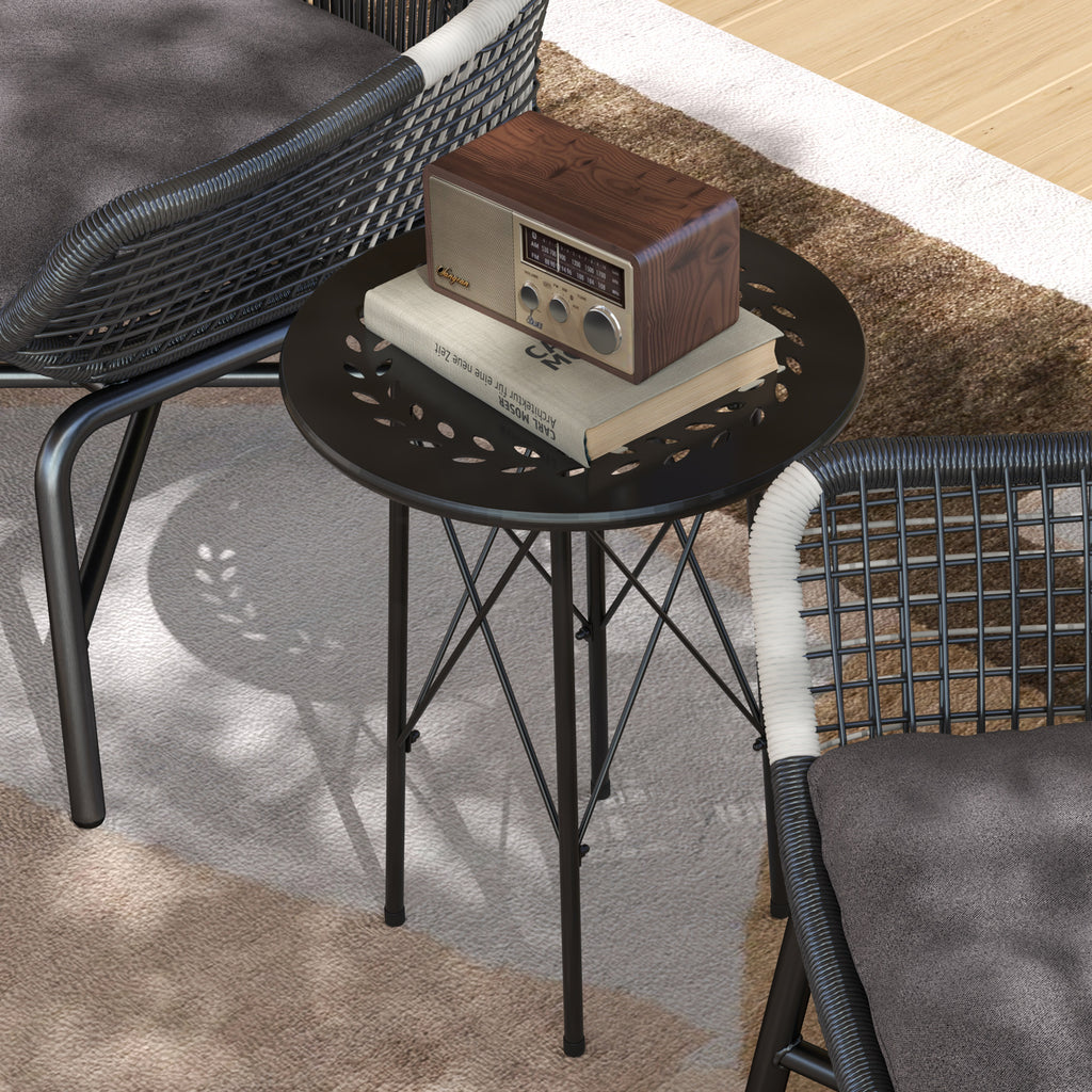 Garden Coffee Table with Carvings of Flowers and Leaves, Outdoor and Indoor Table, Ø40x50 cm, Black