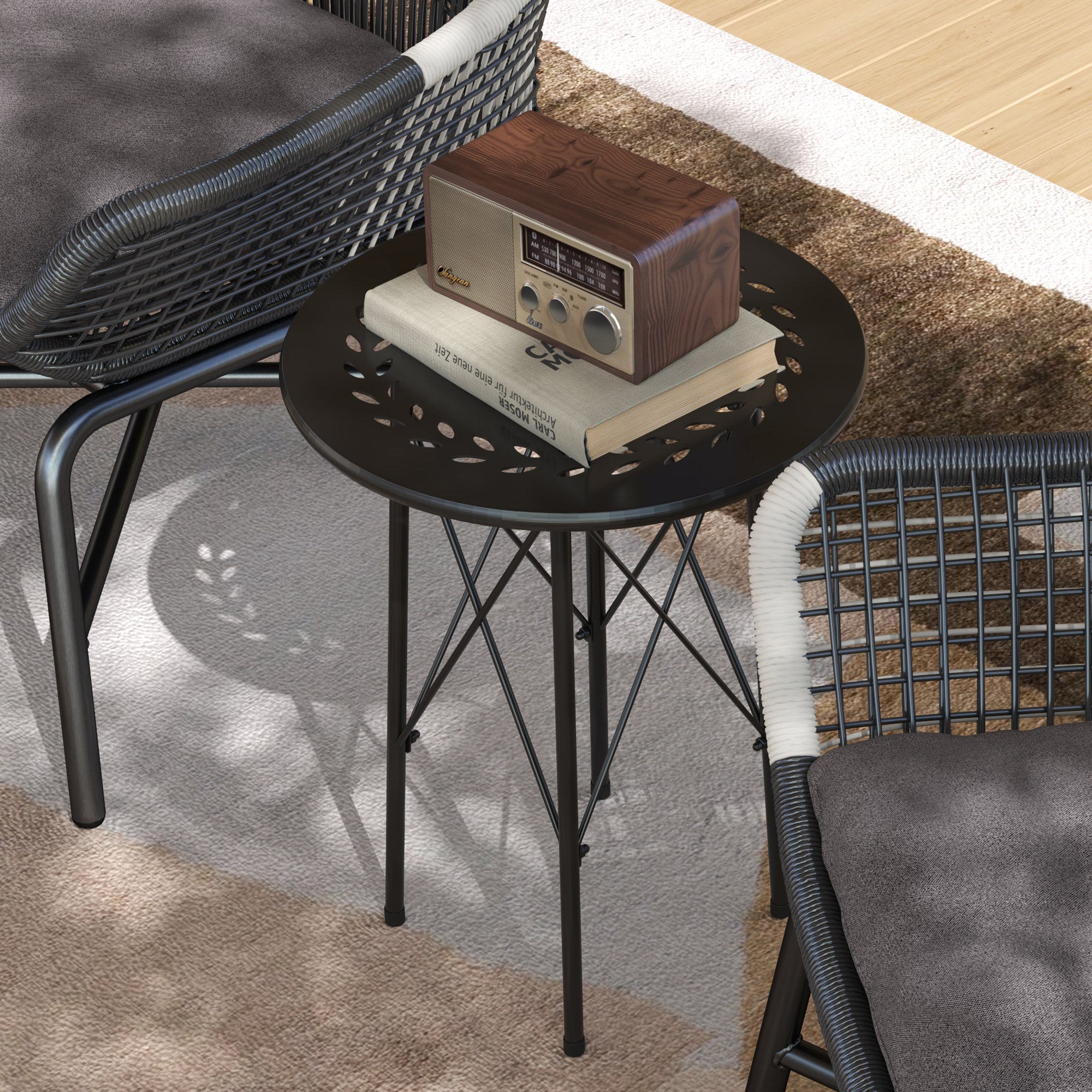 Garden Coffee Table with Carvings of Flowers and Leaves, Outdoor and Indoor Table, Ø40x50 cm, Black