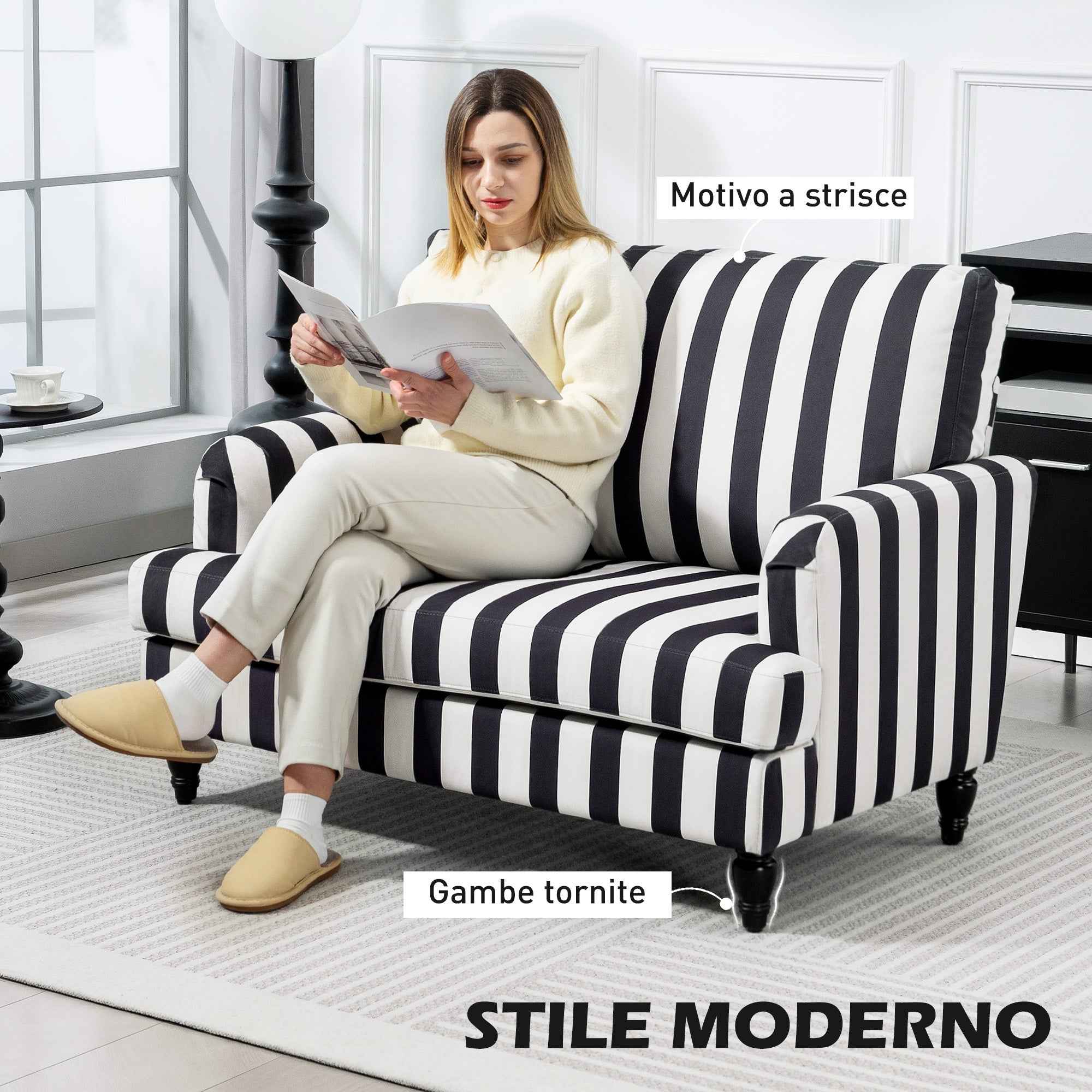 HOMCOM Striped Velvet Wide Seat Lounge Chair with S-Shaped Springs, 115x82x82 cm, Black and White