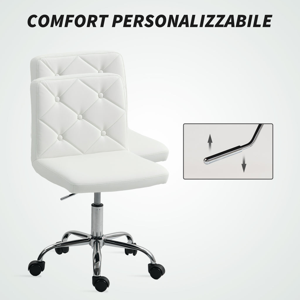 Adjustable Office Chair with Button Upholstery, PU Leather, Foam and Steel, 44x50x78-88 cm, White