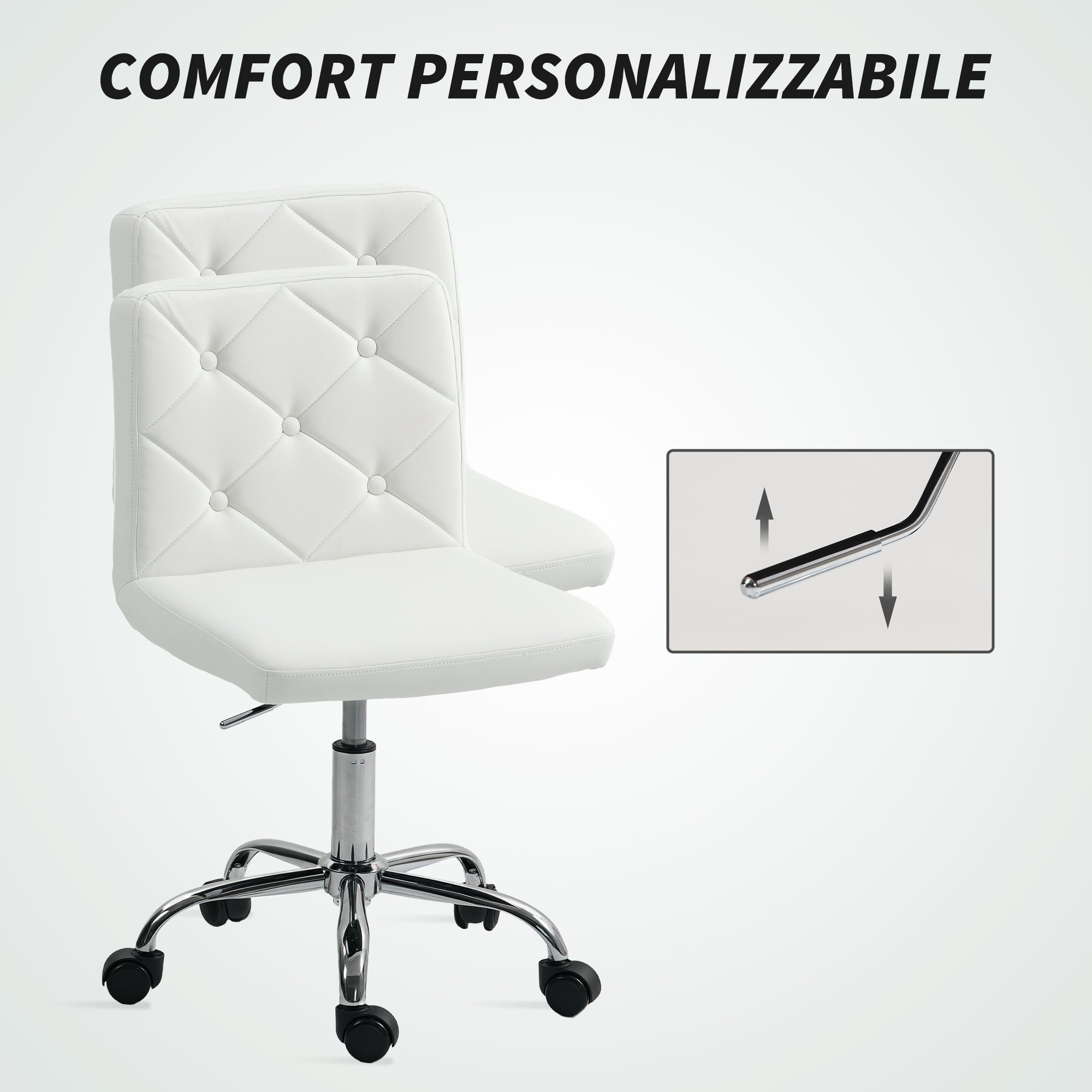 Adjustable Office Chair with Button Upholstery, PU Leather, Foam and Steel, 44x50x78-88 cm, White