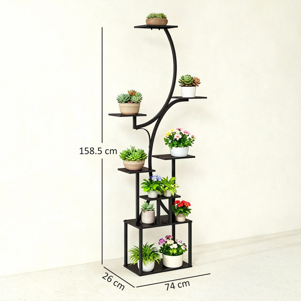 Outsunny 8-Tier S-Shaped Plant Stand for Indoor and Outdoor Use, Metal, 74 x 26 x 158.5 cm, Black