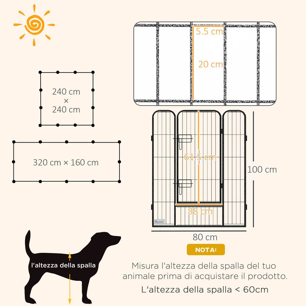 PawHut 12-Panel Modular Dog Playpen, 80x100 cm, Foldable, with Steel Door and 12 Pegs, Grey