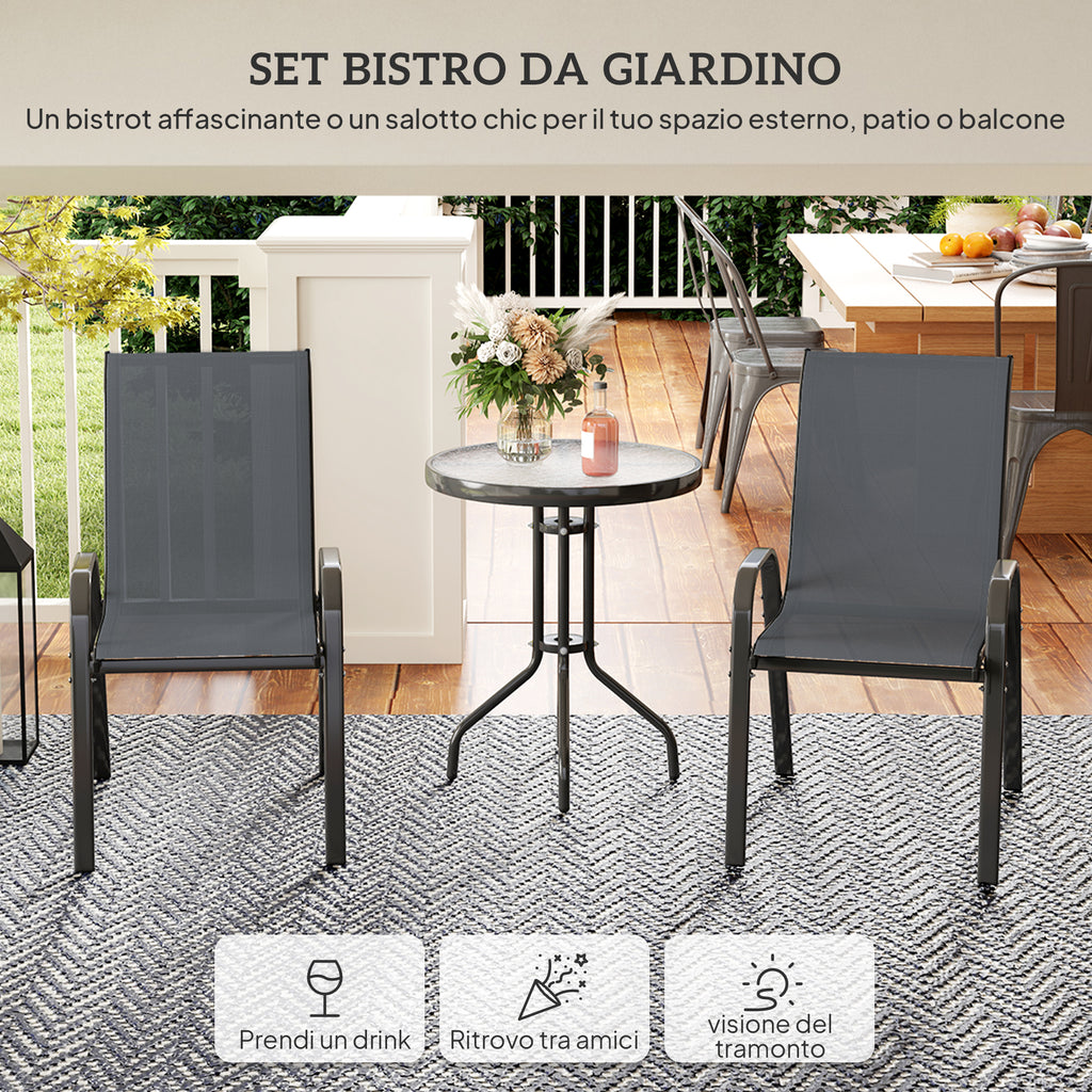 Outsunny 3-Piece Garden Set with 2 Garden Chairs 54x71x93 cm and Round Table Ø60x71 cm in Dark Grey Steel