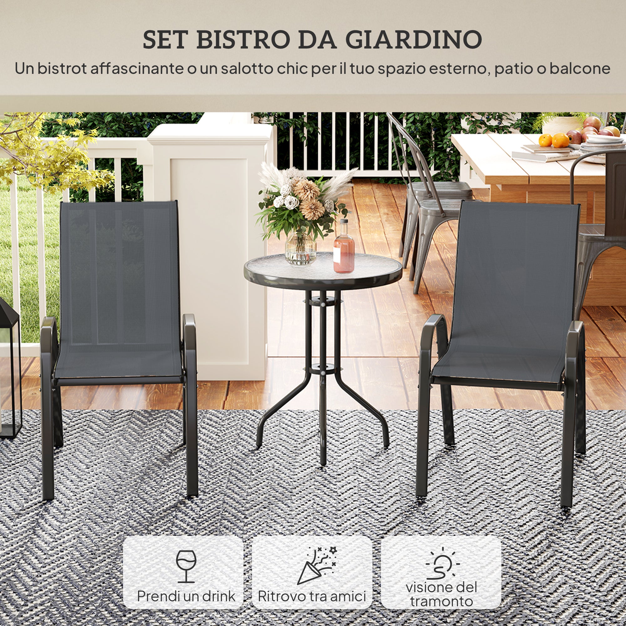 Outsunny 3-Piece Garden Set with 2 Garden Chairs 54x71x93 cm and Round Table Ø60x71 cm in Dark Grey Steel