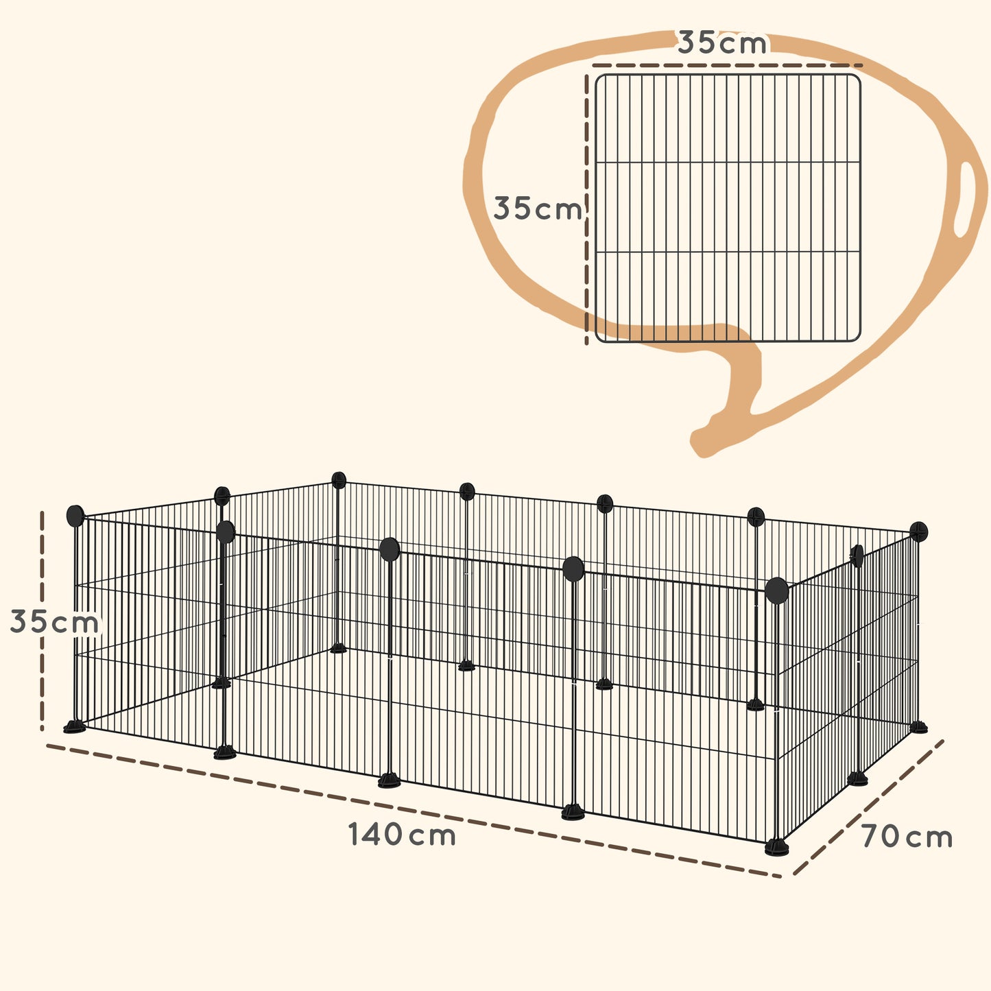 Modular Animal Run with 12 Panels 35x35 cm and Rounded Edges, Metal and ABS, 140x70x35 cm, Black