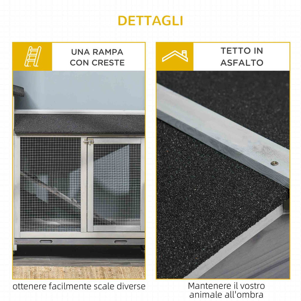 2-Tier Rabbit Hutch with Protective Net and Wooden and Metal Wheels, 157.4x53x99.5 cm, Grey