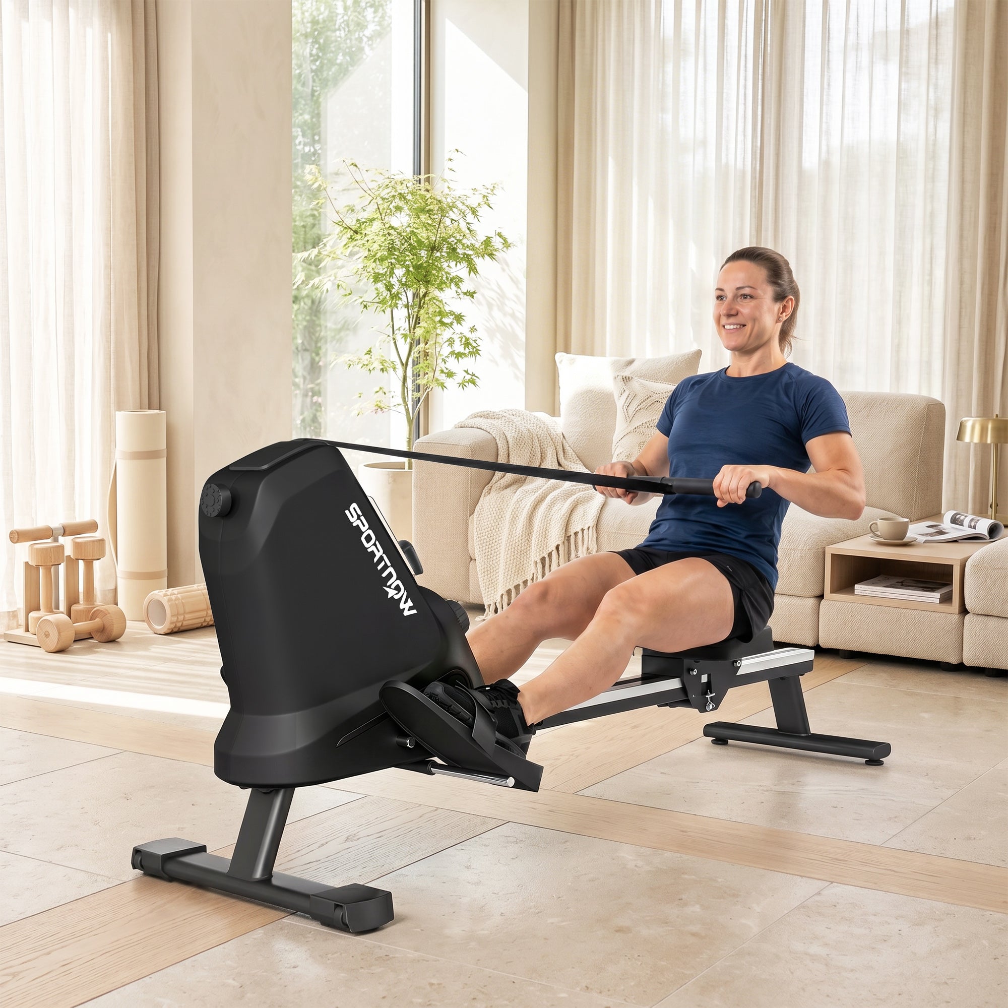SPORTNOW Rowing Machine, 16 Levels Magnetic Resistance, Aluminum Track, Bluetooth, APP Compatible.