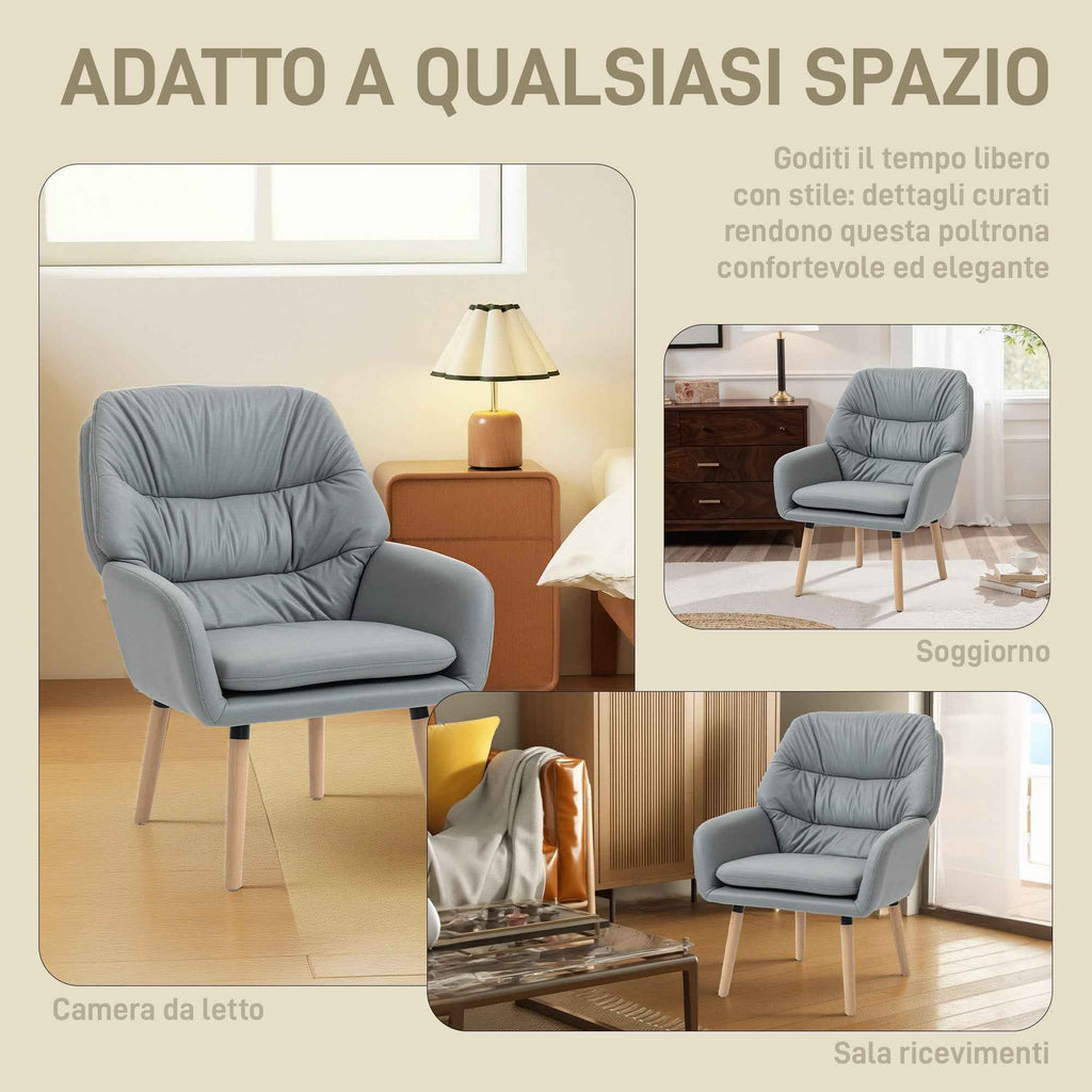 HOMCOM Modern High-Backed Bedroom Armchair with Double Padded Seat in Leather Effect Fabric, Grey