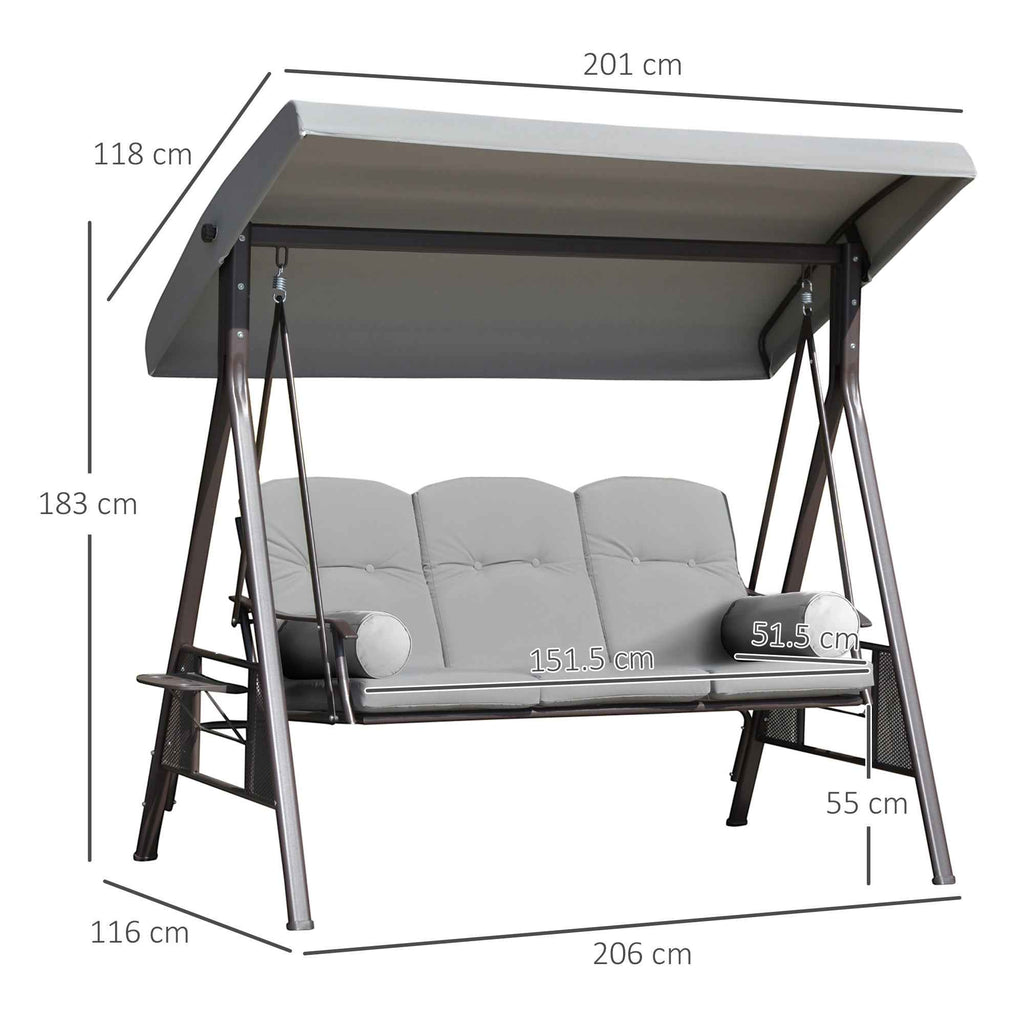 Outsunny 3-Seater Garden Swing with Adjustable Canopy, Cup Holder and Cushions, 208x121x172 cm, Light Grey