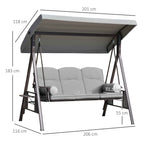 Outsunny 3-Seater Garden Swing with Adjustable Canopy, Cup Holder and Cushions, 208x121x172 cm, Light Grey
