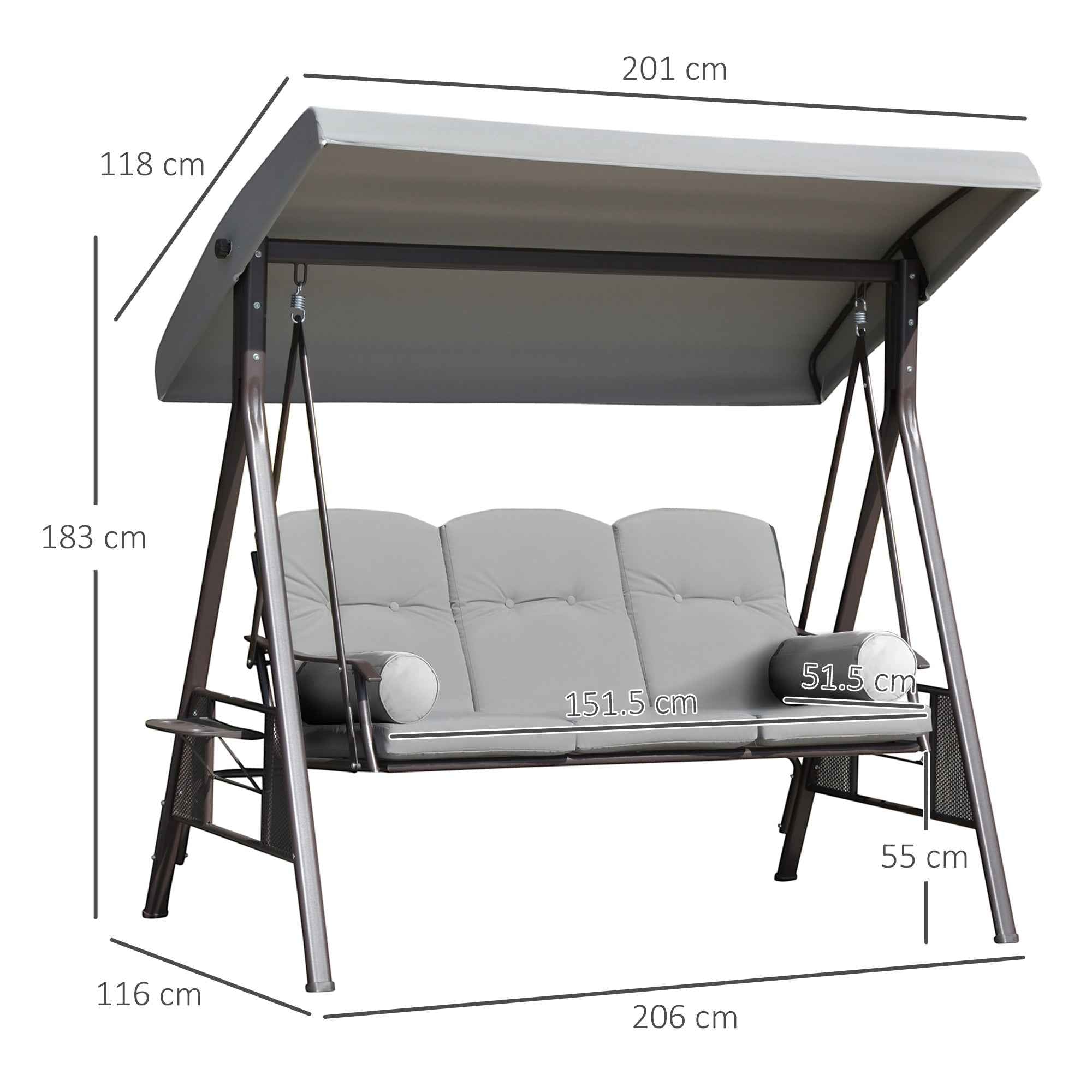 Outsunny 3-Seater Garden Swing with Adjustable Canopy, Cup Holder and Cushions, 208x121x172 cm, Light Grey