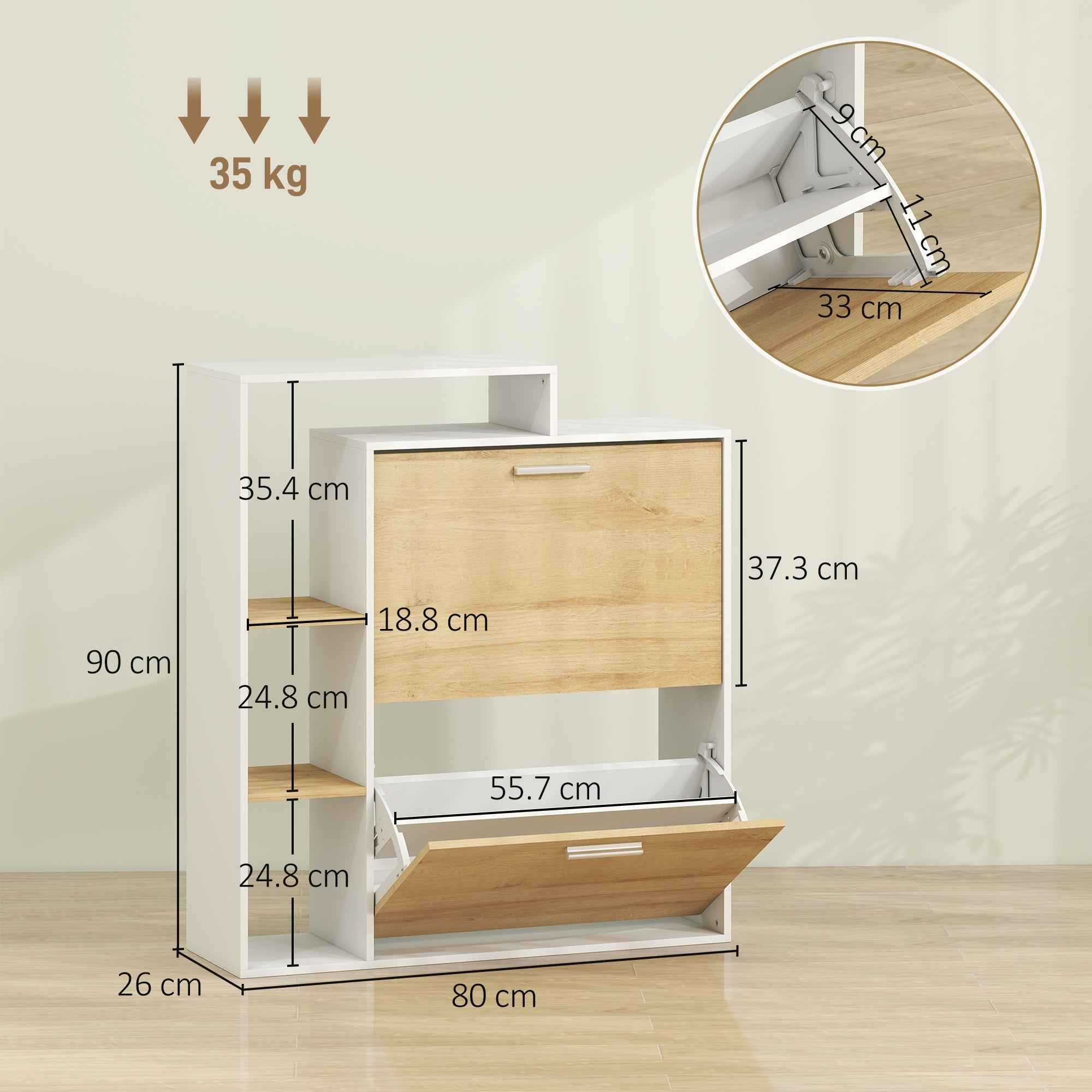 HOMCOM Shoe Cabinet with 2 Hinged Drawers and Shelves, White and Natural Wood.