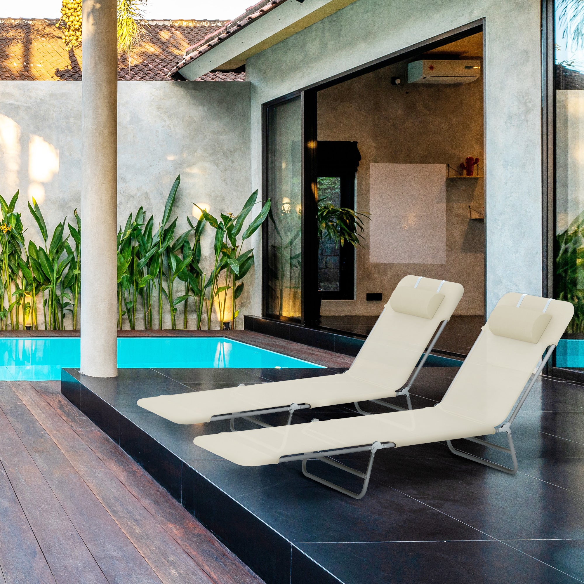 Outsunny Set of 2 Folding Sun Loungers with 4-Level Reclining Backrest, Metal and Mesh Fabric, Beige