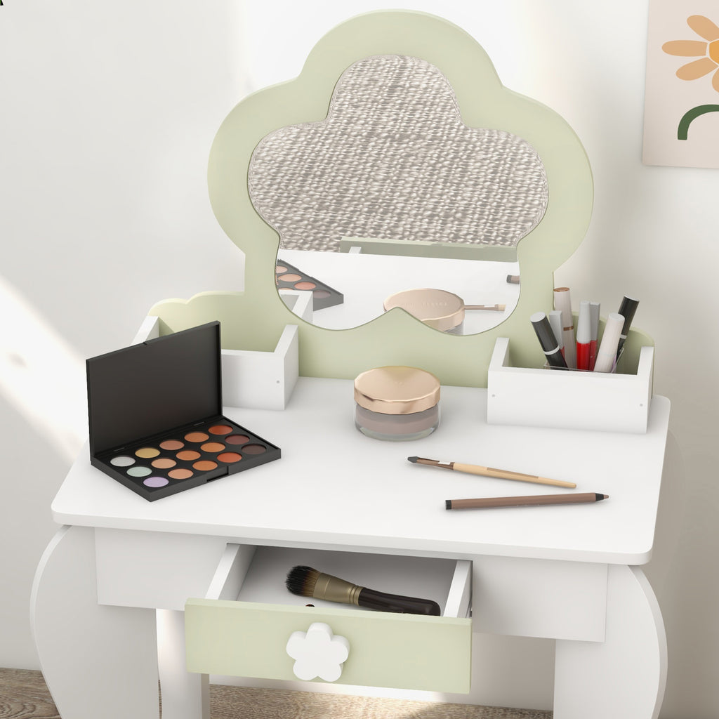 Girls' Dressing Table Set with Makeup Mirror and Matching Stool, Wooden Drawer and Storage, White