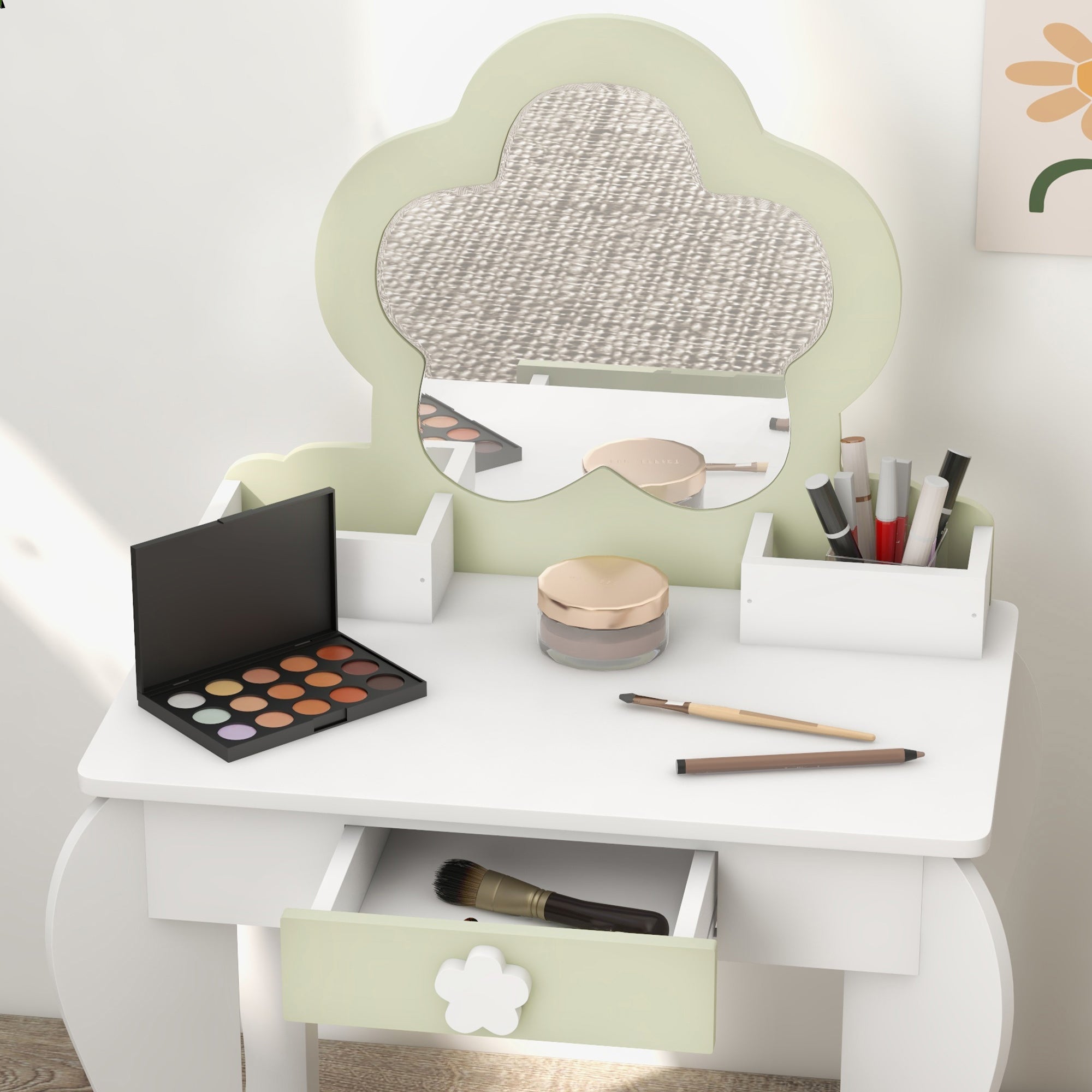 Girls' Dressing Table Set with Makeup Mirror and Matching Stool, Wooden Drawer and Storage, White