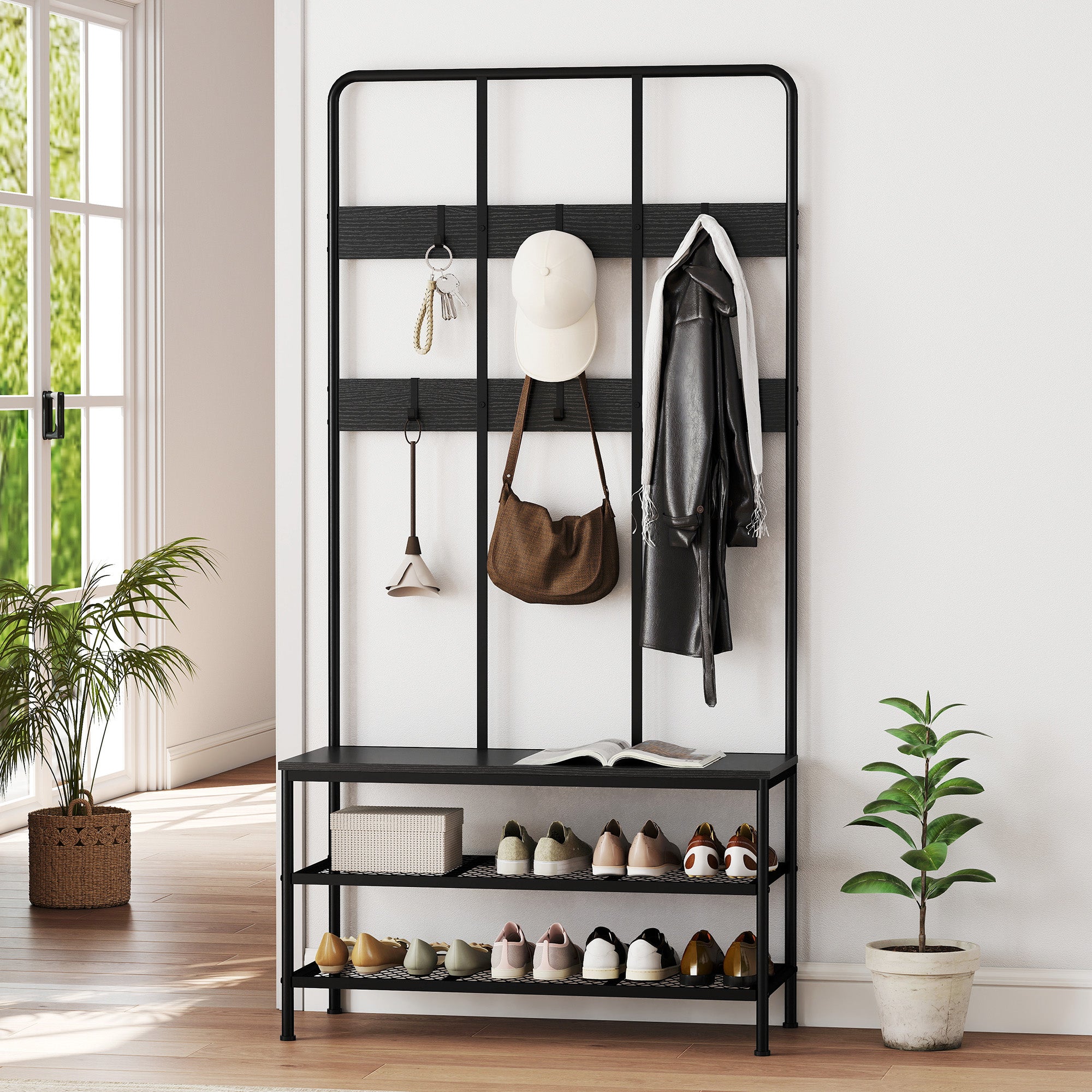 3-in-1 Hallway Coat Rack with 6 Hooks and Shoe Rack Bench, 91x36x180 cm, Black