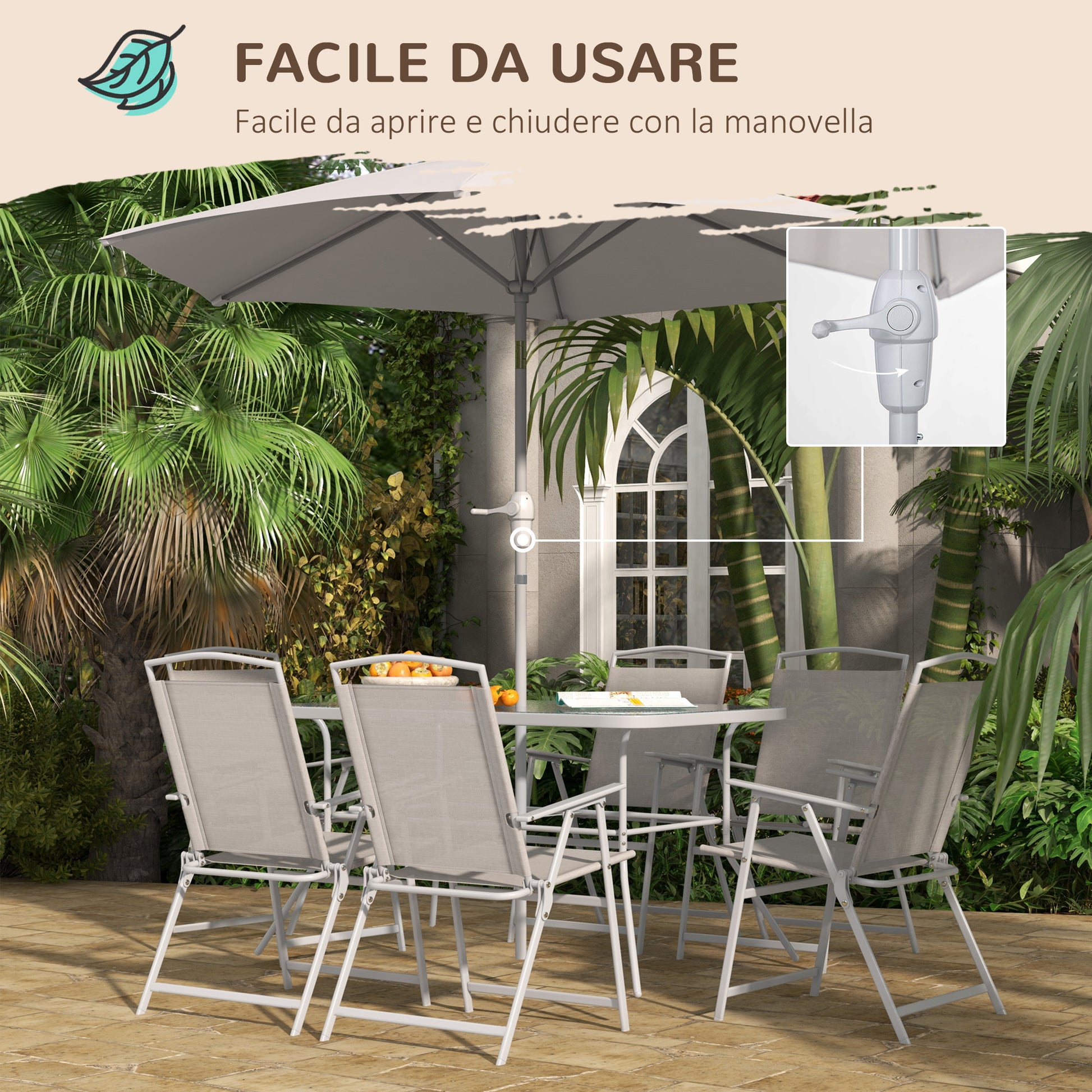 Outsunny Garden Set with Dining Table, 6 Folding Chairs and Crank Umbrella, Gray - Borgè