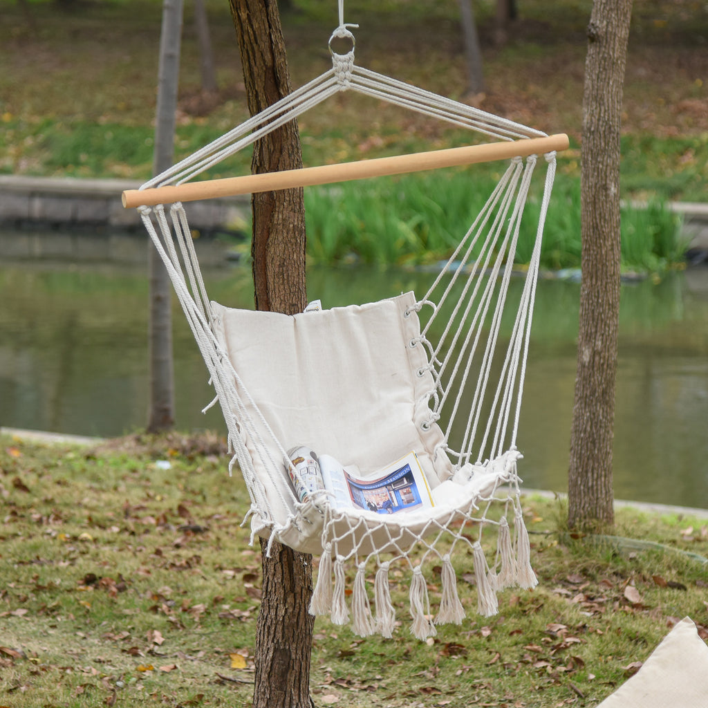 Indoor and Outdoor Hanging Rocking Chair in Fabric with Tassels, 90x50 cm, Cream