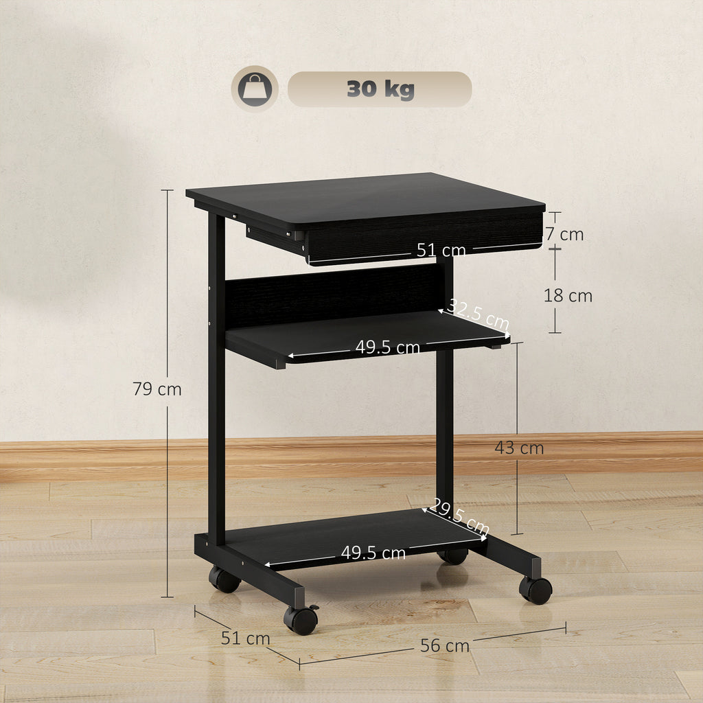 PC Desk with Sliding Drawer, 2 Shelves and 4 Wheels, in Wood and Metal, 56x51x79 cm, Black