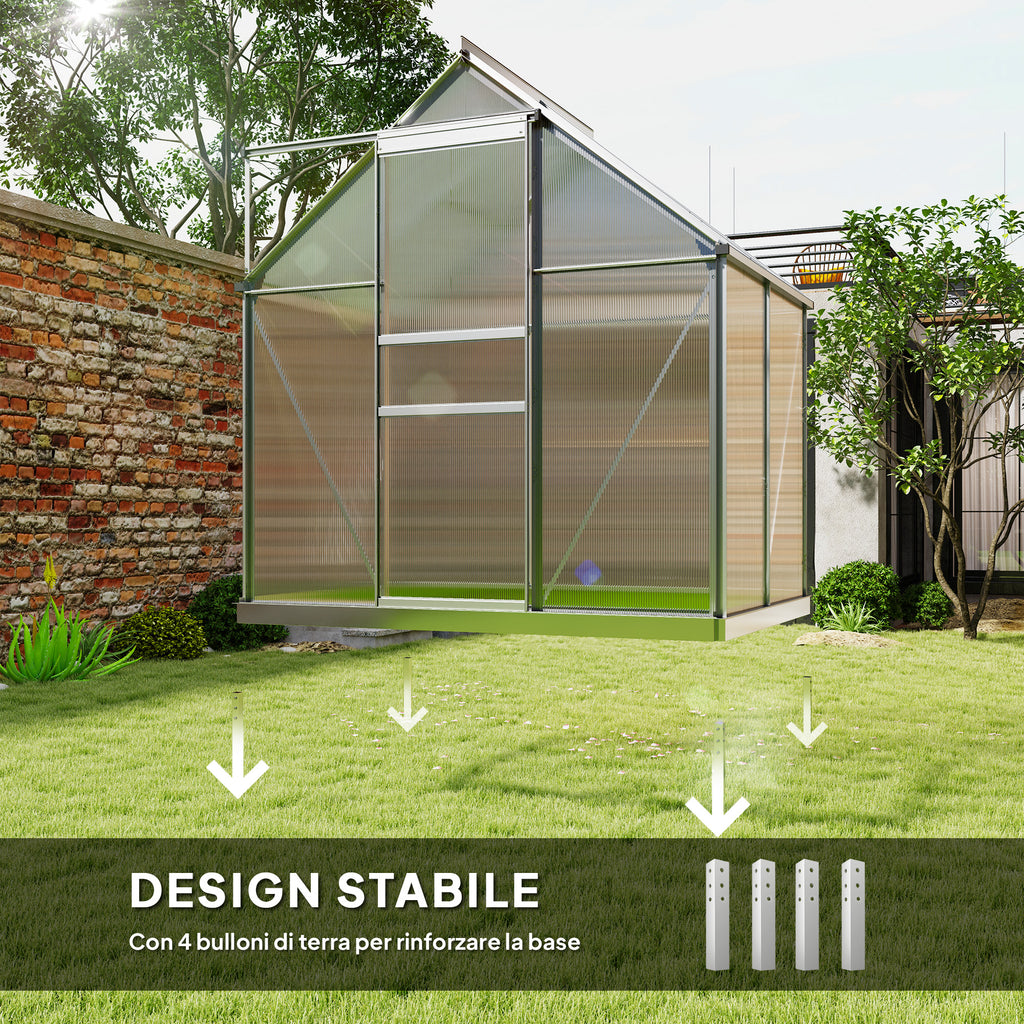 Outsunny Polycarbonate and Aluminum Greenhouse with Hinged Door and Roof Window, 192.5x131x200 cm, Silver