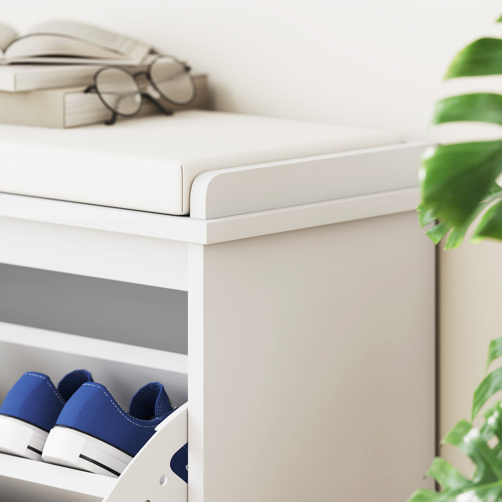 Shoe Bench with Internal Shelf, in Wood and Linen Effect Fabric, 80x26x47.5 cm, White and Beige