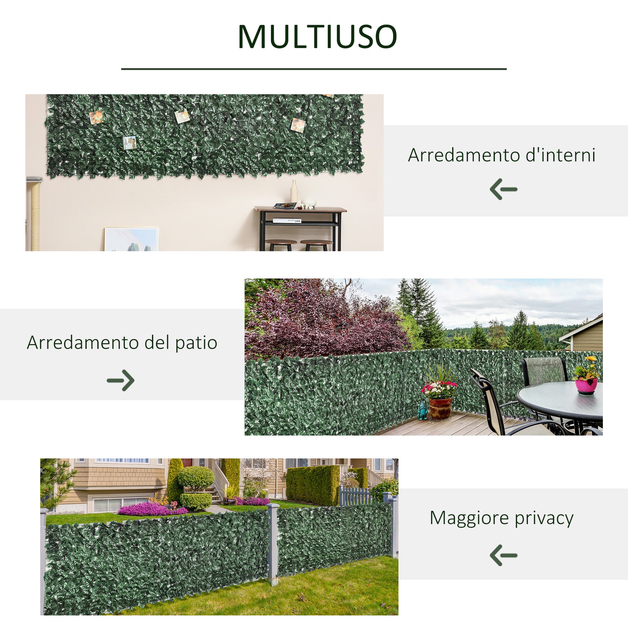 Outsunny Artificial Hedge Roll for Balcony and Garden in Anti-UV PE, Fake Hedge with Dark Green Leaves 300x100cm