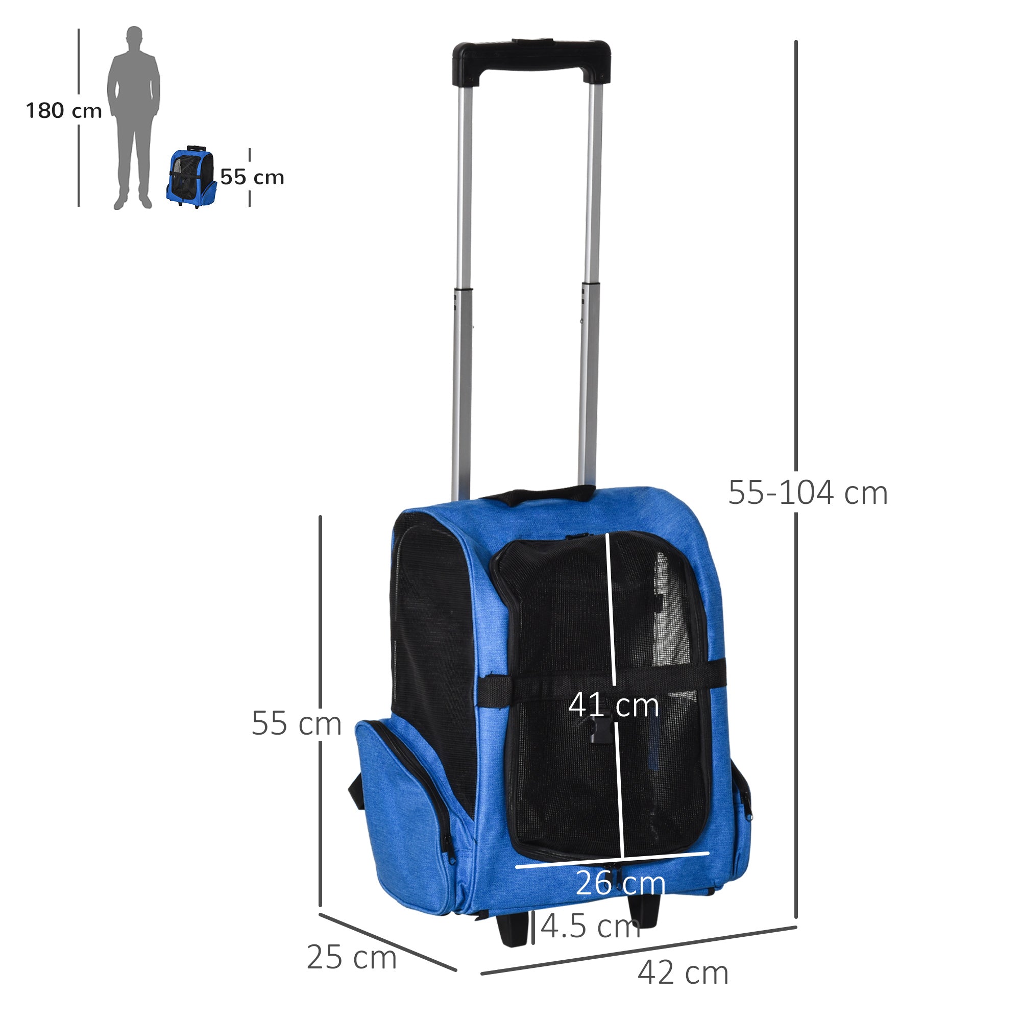 PawHut 2 in 1 Backpack Carrier for Dogs and Cats with Pockets and Telescopic Handle, 42x25x55cm, Blue - Borgè