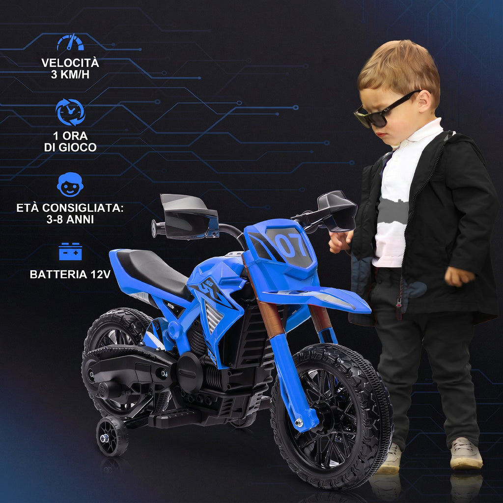 AIYAPLAY Electric Motorcycle for Kids Ages 3-8 with 12V Dual Motors, Training Wheels and Horn, 3 km/h, 30kg Capacity, Blue