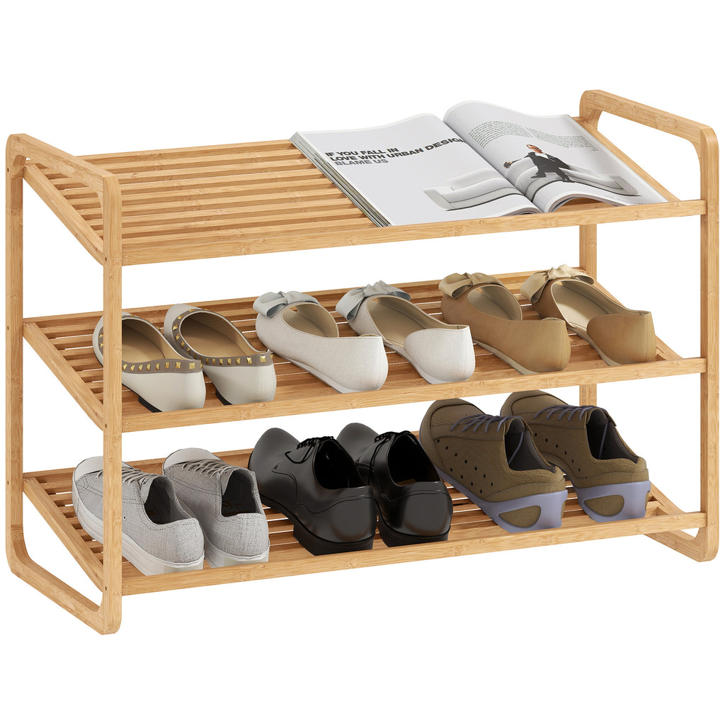 3-Tier Shoe Rack with Bamboo Slatted Shelves for 12 Shoes, 76 x 33 x 50.8 cm, Wood Color