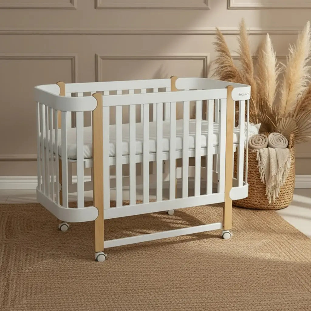 NIKA Convertible Cot – All White with Natural Wood Legs - Grows with Your Child from Birth to 5 Years