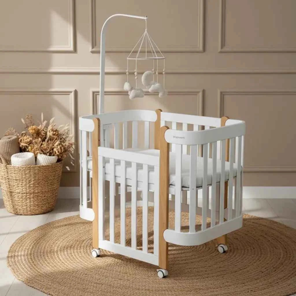 NIKA Convertible Cot – All White with Natural Wood Legs - Grows with Your Child from Birth to 5 Years