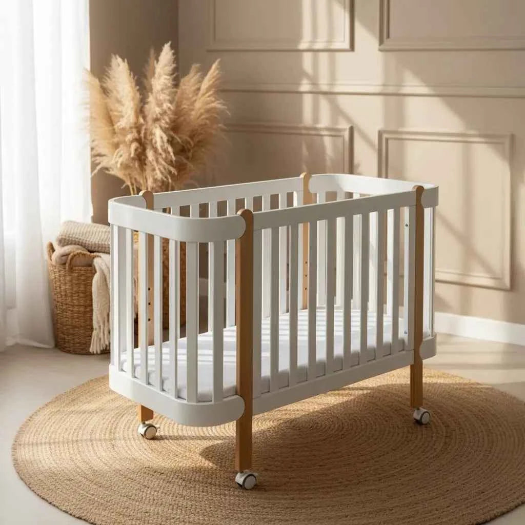 NIKA Convertible Cot – All White with Natural Wood Legs - Grows with Your Child from Birth to 5 Years