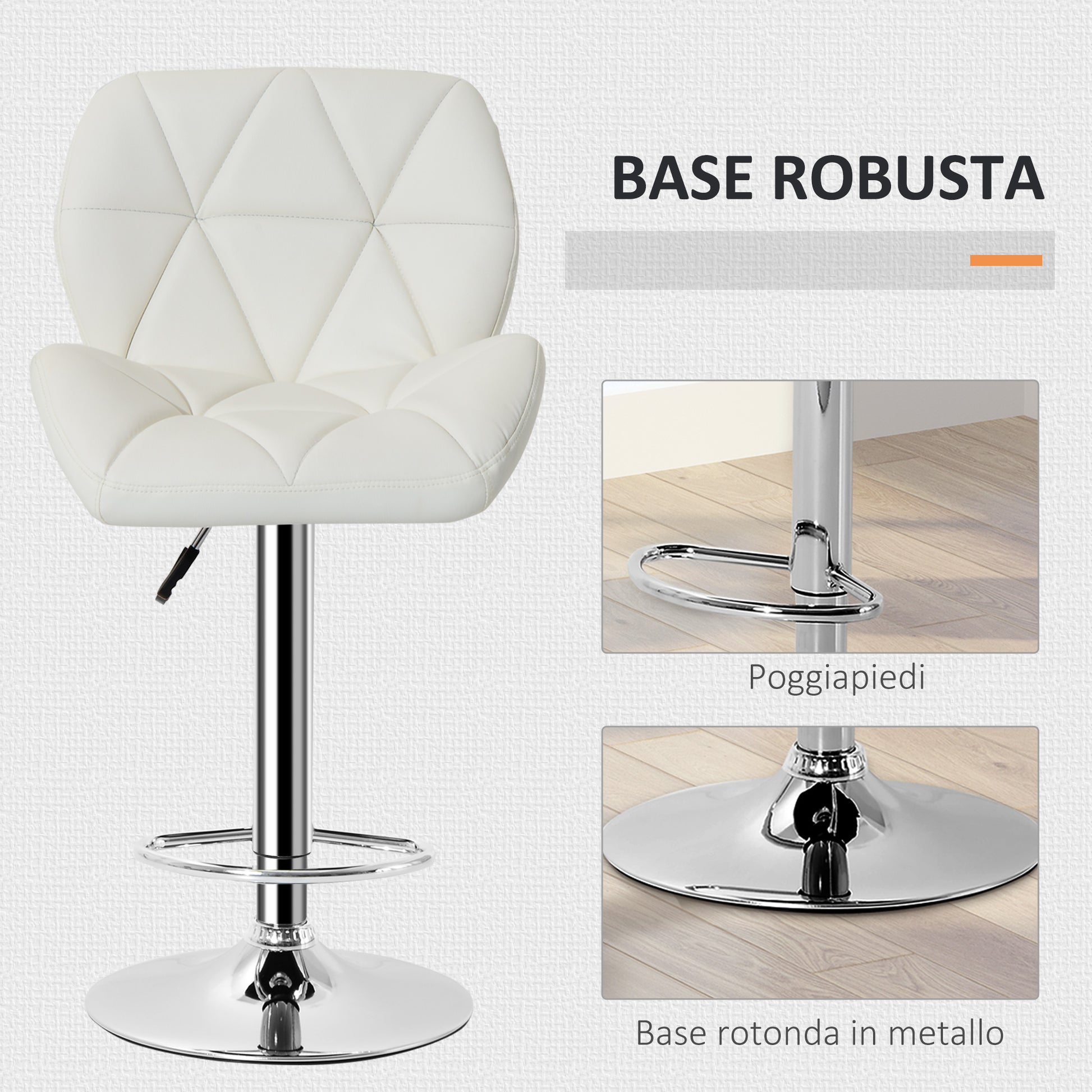 Swivel Bar Stool in Eco Leather with Backrest and Adjustable Height, White - Borgè