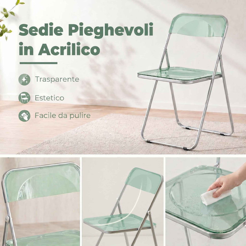 HOMCOM Set of 4 Clear Acrylic Folding Chairs, Green