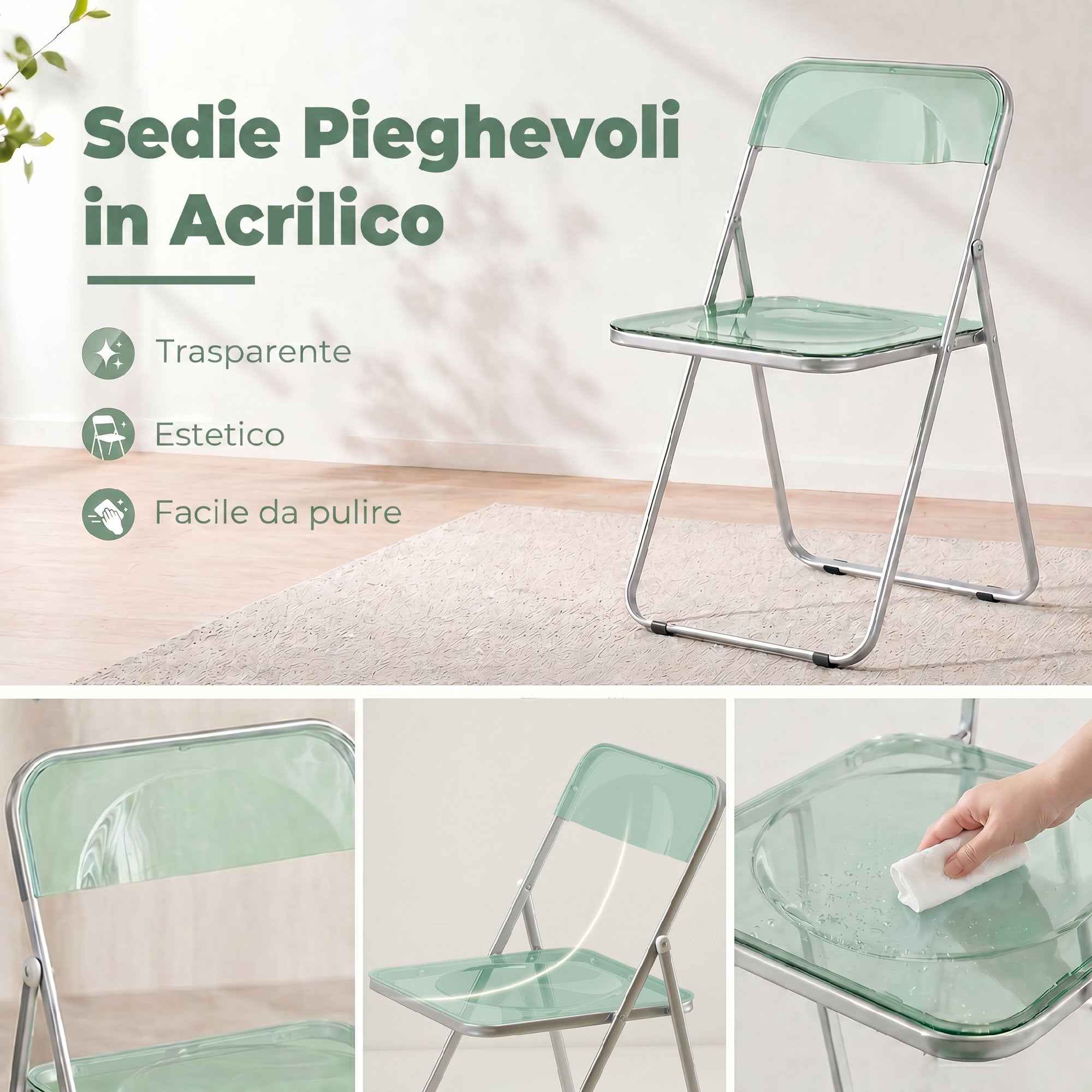 HOMCOM Set of 4 Clear Acrylic Folding Chairs, Green