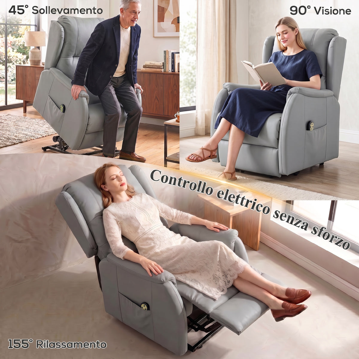 HOMCOM Dual-Motor Lift Recliner Chair in Faux Leather, Light Grey