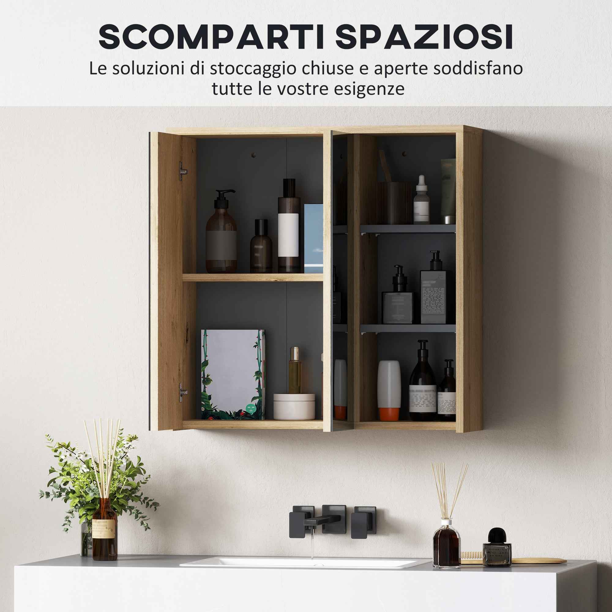 Bathroom Mirror Cabinet with 2 Doors, 60x20x60 cm Bathroom Cabinet with Mirror, Open Compartment, Natural